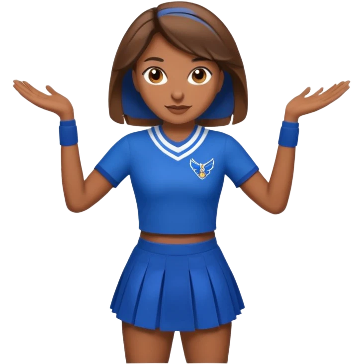 Brown hair, brown eyes, brown skin cheerleader in blue uniform skirt emoji