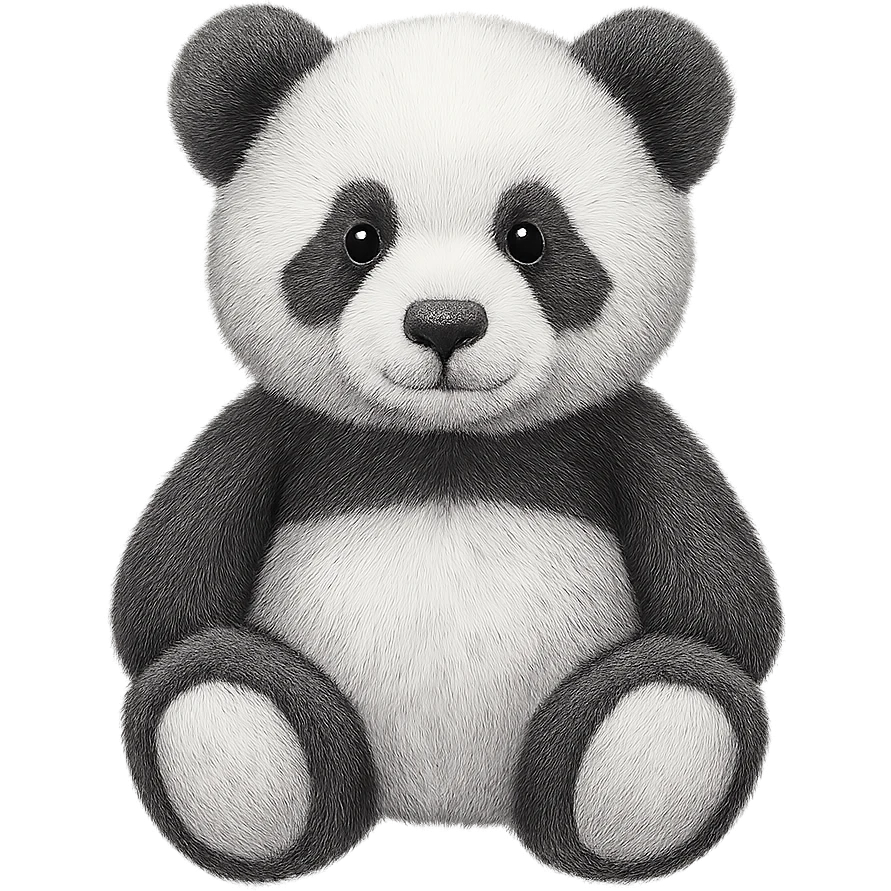 Change the teddy bear's fur to black and white, keep it soft and plush, no shadows, flat lighting, no background. The style should maintain the look of the original teddy bear image. emoji