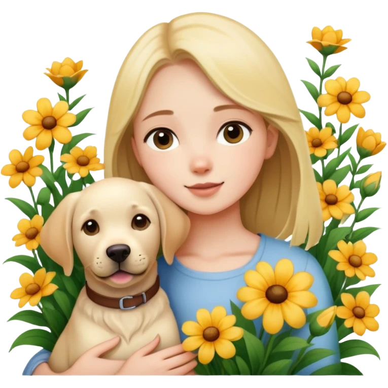 A girl holding a Labrador in the flowers emoji