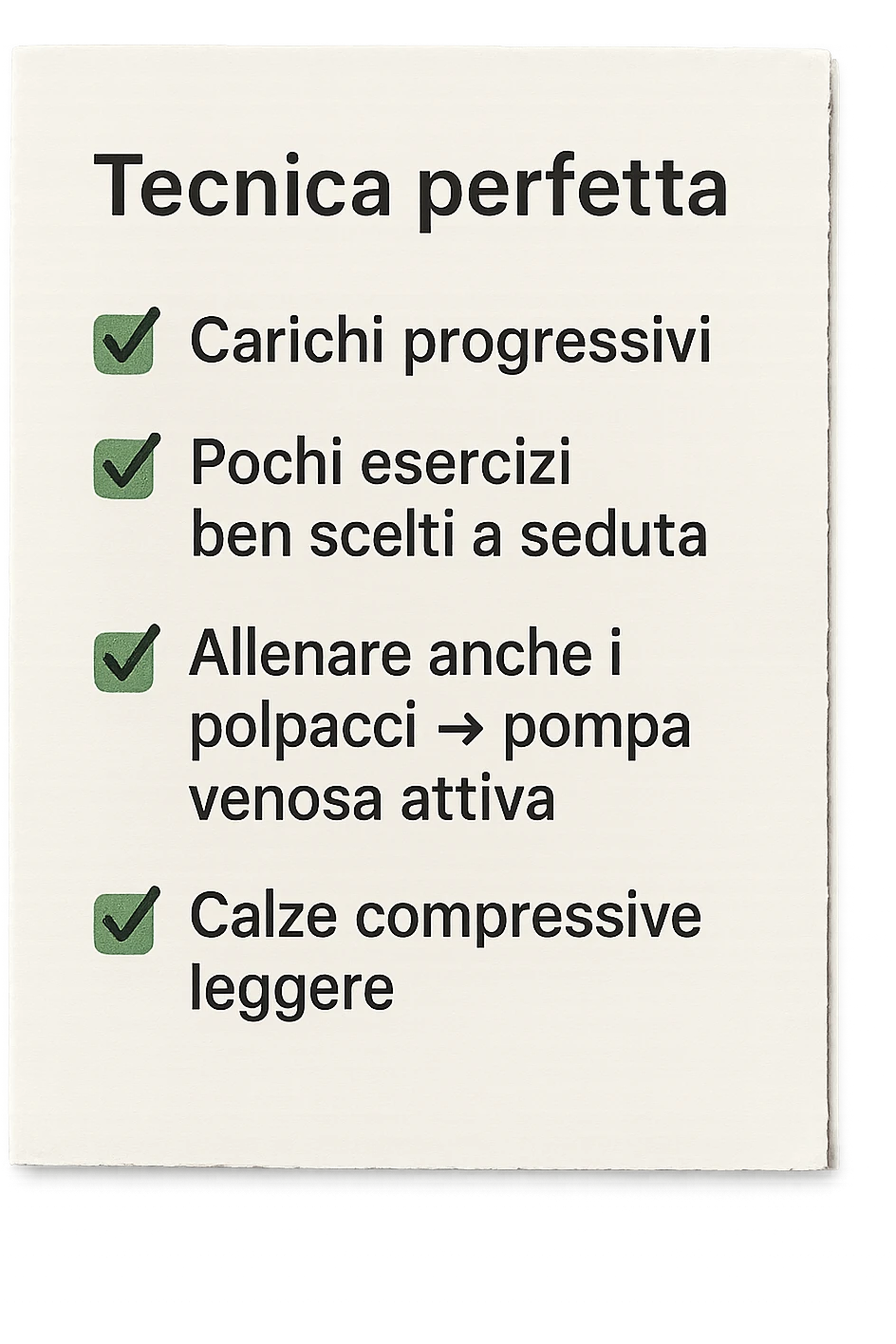 FOGLIO DI CARTA PER L'ALLENAMENTO IN PALESTRA CON LA SCRITTA "Tecnica perfetta
 ✅ Carichi progressivi
 ✅ Pochi esercizi ben scelti a seduta
 ✅ Allenare anche i polpacci → pompa venosa attiva
 ✅ Calze compressive leggere" , IPERREALISTICA 4K emoji