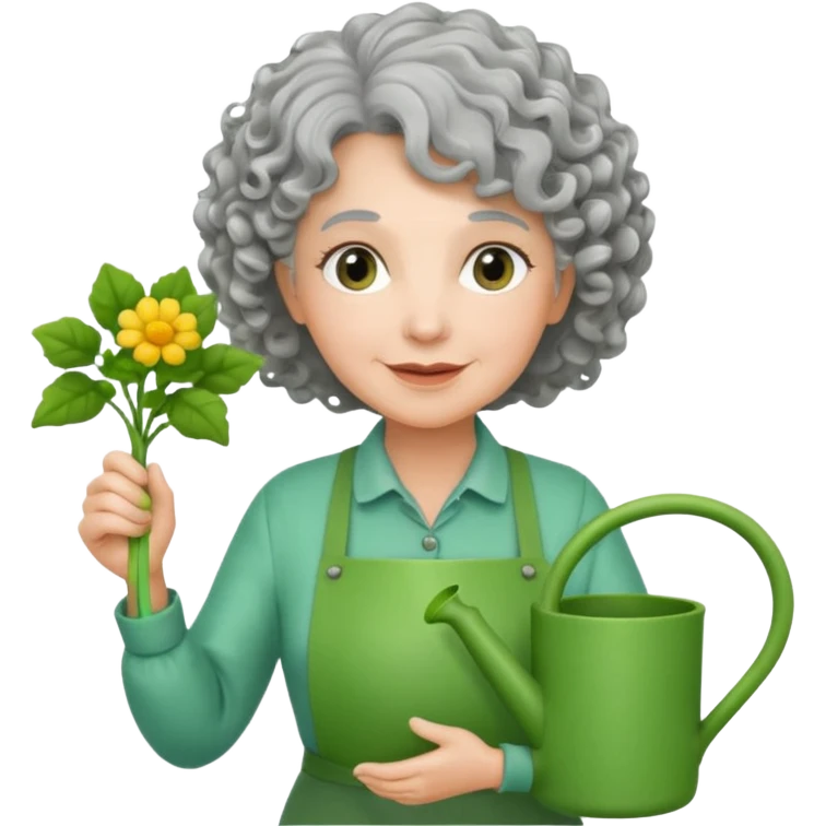 Older female florist – curly hair, hold garden watering pot emoji
