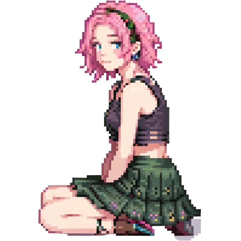 A girl with pink hair, wearing a skirt, sitting sideways on her leg, wearing a crop top, vibrant colors emoji