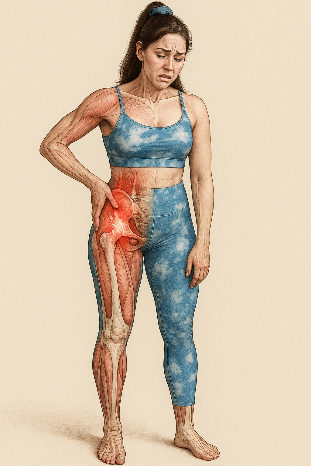 Realistic anatomical illustration of a woman in sportswear inspired by the reference photo, showing pain in the right hip with highlighted muscles and joints involved, hand on the painful area, pained expression, neutral background. emoji