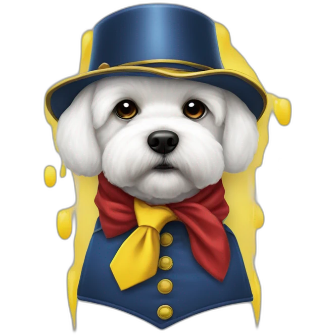 Bichon maltés con casco de obrero amarillo, chaleco rojo, camisa amarilla y corbata azul emoji