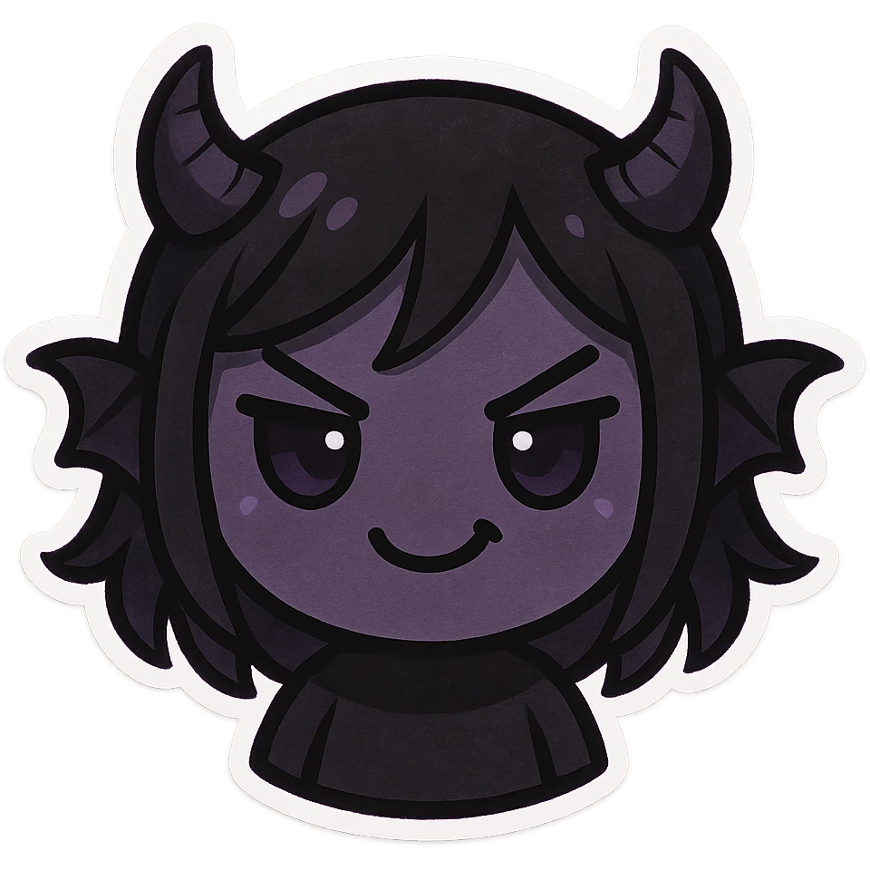 devil emoji in chibi style with gothic palette black and purple, tiny horns, cute but mischievous expression emoji