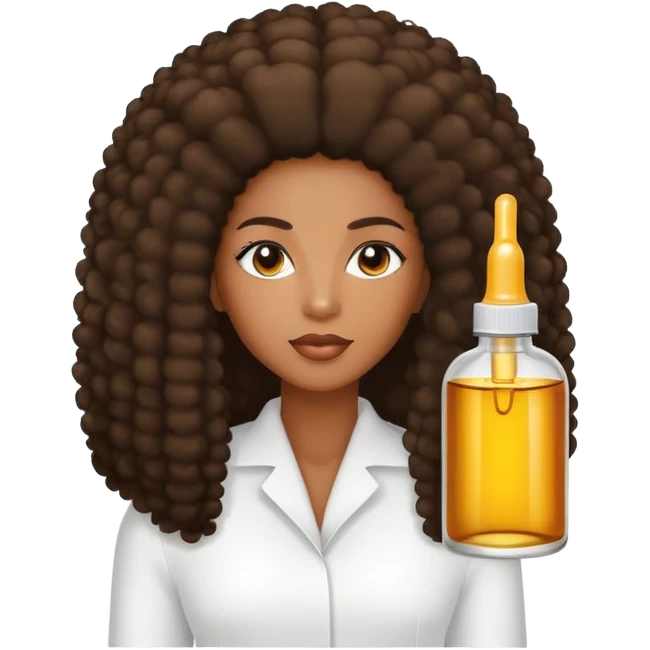 Serum Bottle, hair growth oil. Label black woman with long afro hair. emoji