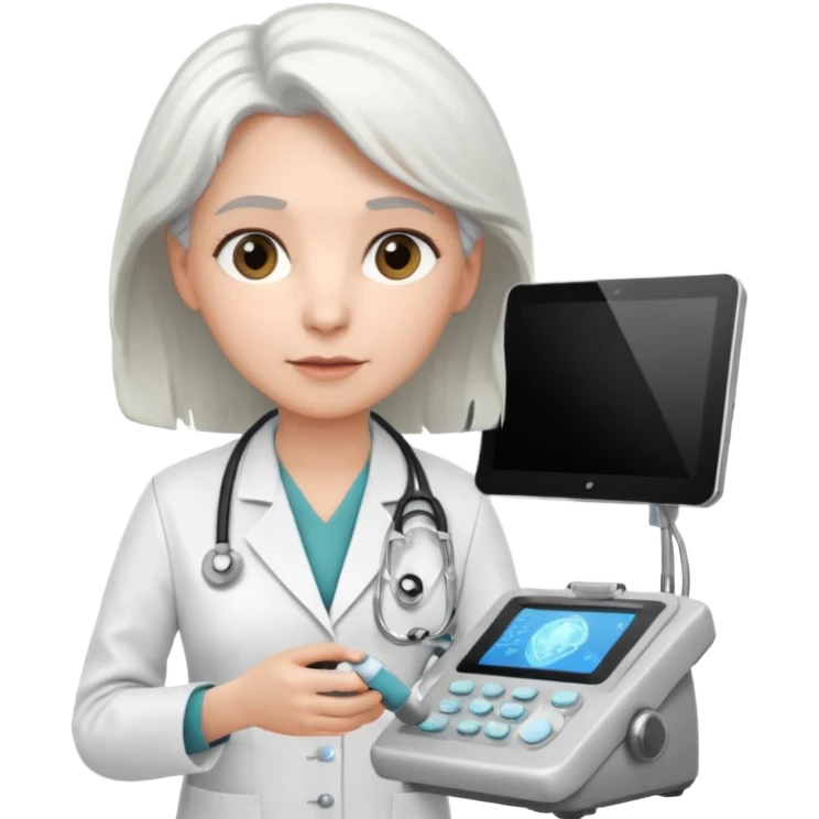 white haired female doctor working an ultrasound machine emoji