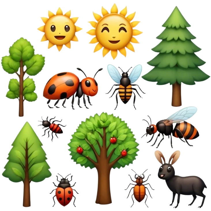 create me a good morning emoji with trees, bugs and animals, and a sun emoji