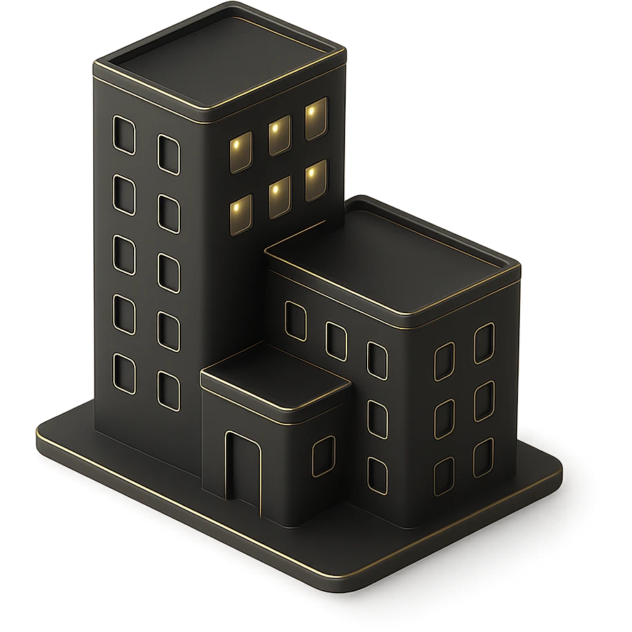 a gold apartment complex in 3D black style emoji