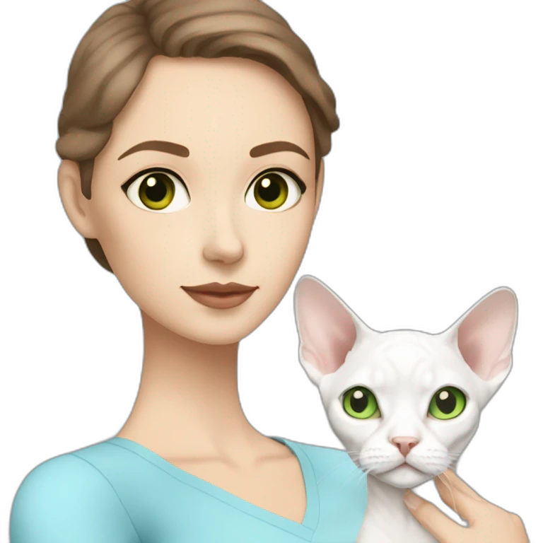 White brunette woman with green eyes and bob hair holding slim white devon rex with light blue eyes emoji