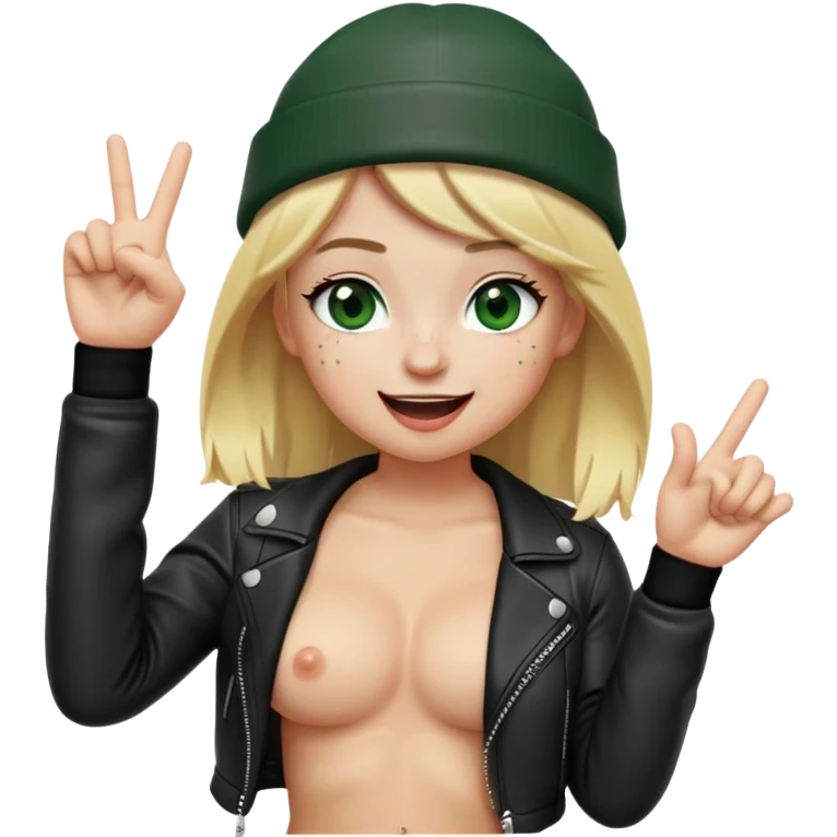 iPhone emoji style girl, blonde hair, black beanie, dark-green eyes, freckles, winking, tongue out. Wearing black leather jacket, naked body, big boobs, long white socks. Right hand doing "OK" sign. Full body, playful vibe, transparent background. emoji