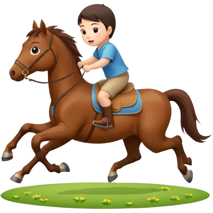 l little chinese baby riding on a  cute horse running really fast on the grass with 2026 year's label emoji