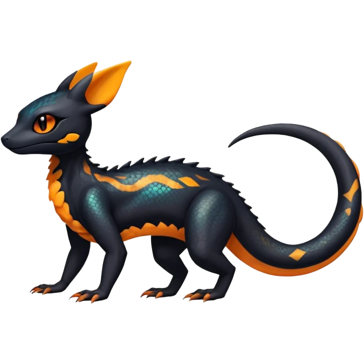 Colorful Iridescent Exotic Black and Orange Salandit-Umbreon-Fakémon-hybrid-creature (full body)  emoji