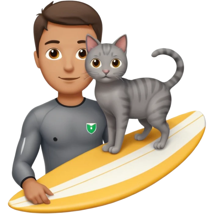 Create an emoji of an Italian guy surfing with a grey cat on his shoulder emoji