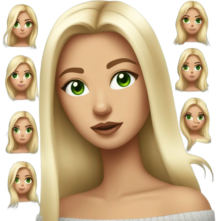 blonde girl with green eyes, smooth skin, off shoulder sweater, long blow out hair, baddie emoji