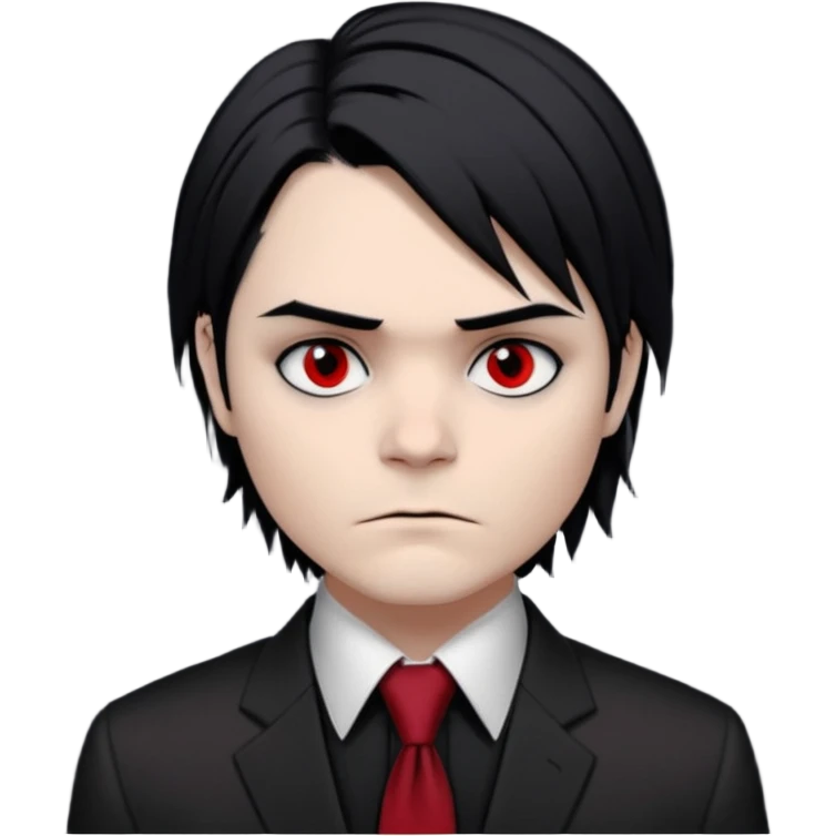 Gerard Way (Revenge Era)
Round, simplified emoji style
Pale skin tone dark eyes
-black, shoulder-length hair messy and emo
Heavy eyeliner and shadow under the eyes
Subtle serious face
Hint of red tie visible on black button up shirt.
Transparent background. Black eyeliner. Messy emo hair emoji