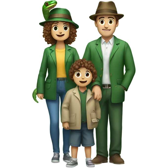 Family, mum with brown bob hair and a PhD hat, dad with brown kind of curly hair, mum holding a girl baby, dad holding a green snake on his shoulder emoji