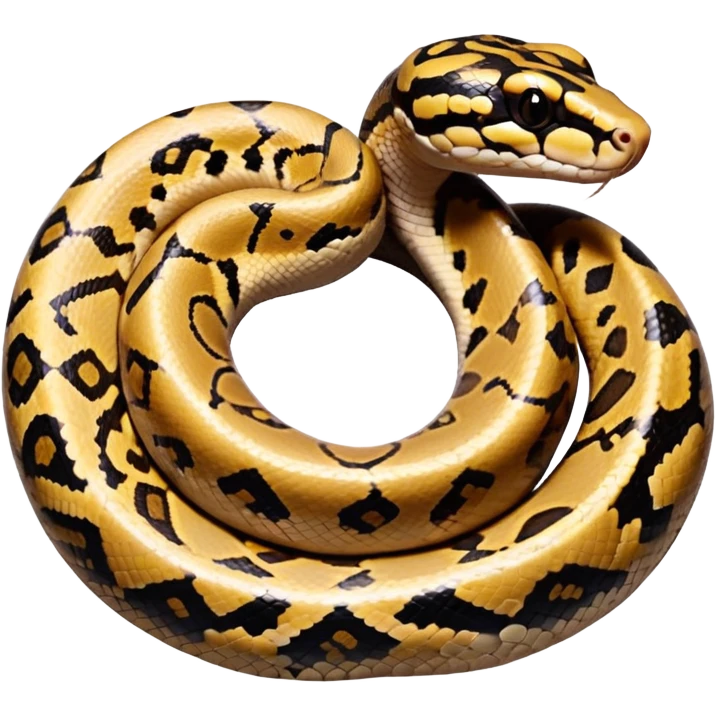 A photo-realistic top-down view of a Ball Python gently coiled into a tight spiral, with its head resting peacefully at the center. The pattern flows smoothly around the curves of its body, emphasizing its natural camouflage and calm demeanor. emoji