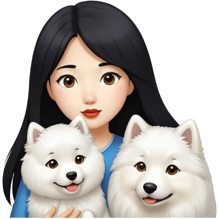 a asiatic girl with long black  hair and a samoyed emoji