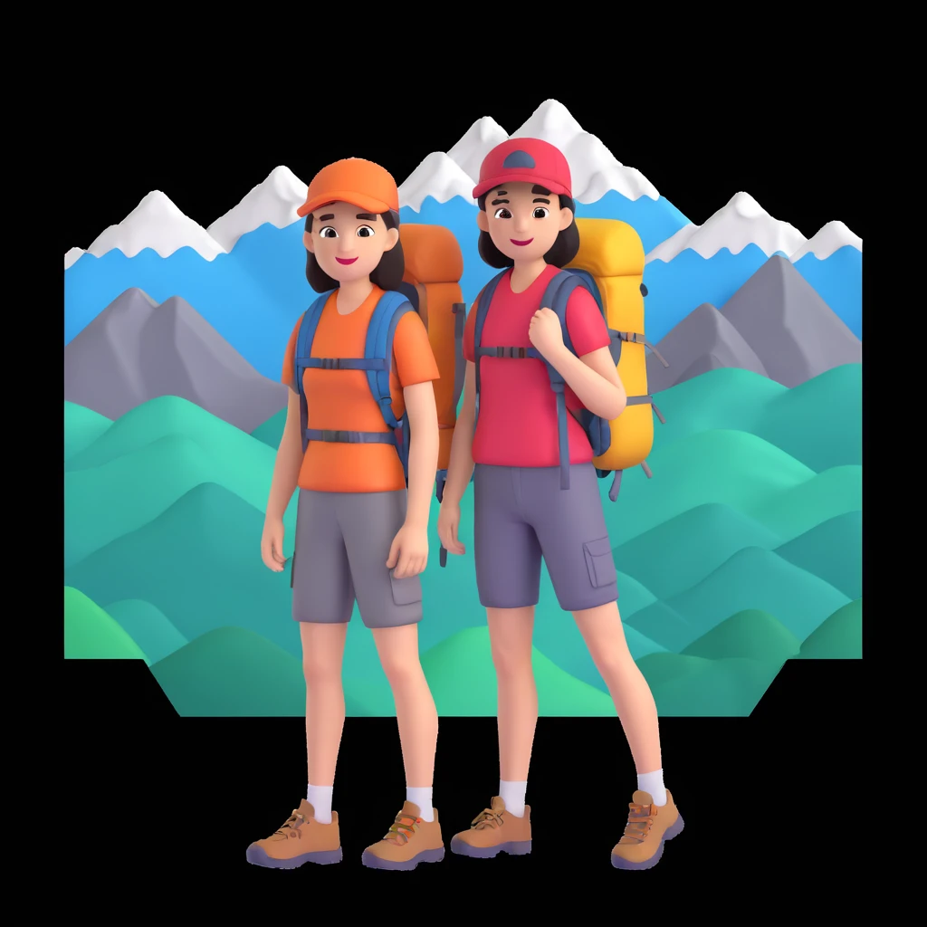 back packer couple posing, mountains in background,   close up pose emoji