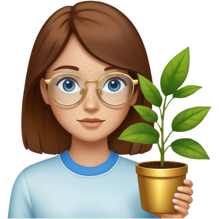 Girl with light skin, brown hair, blue eyes, freckles, and gold glasses holding plant emoji
