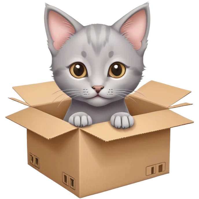  A very cute gery young kitten cat with one's head tilted to one side poked its paws out of the cardboard big box and placed them on top of it emoji