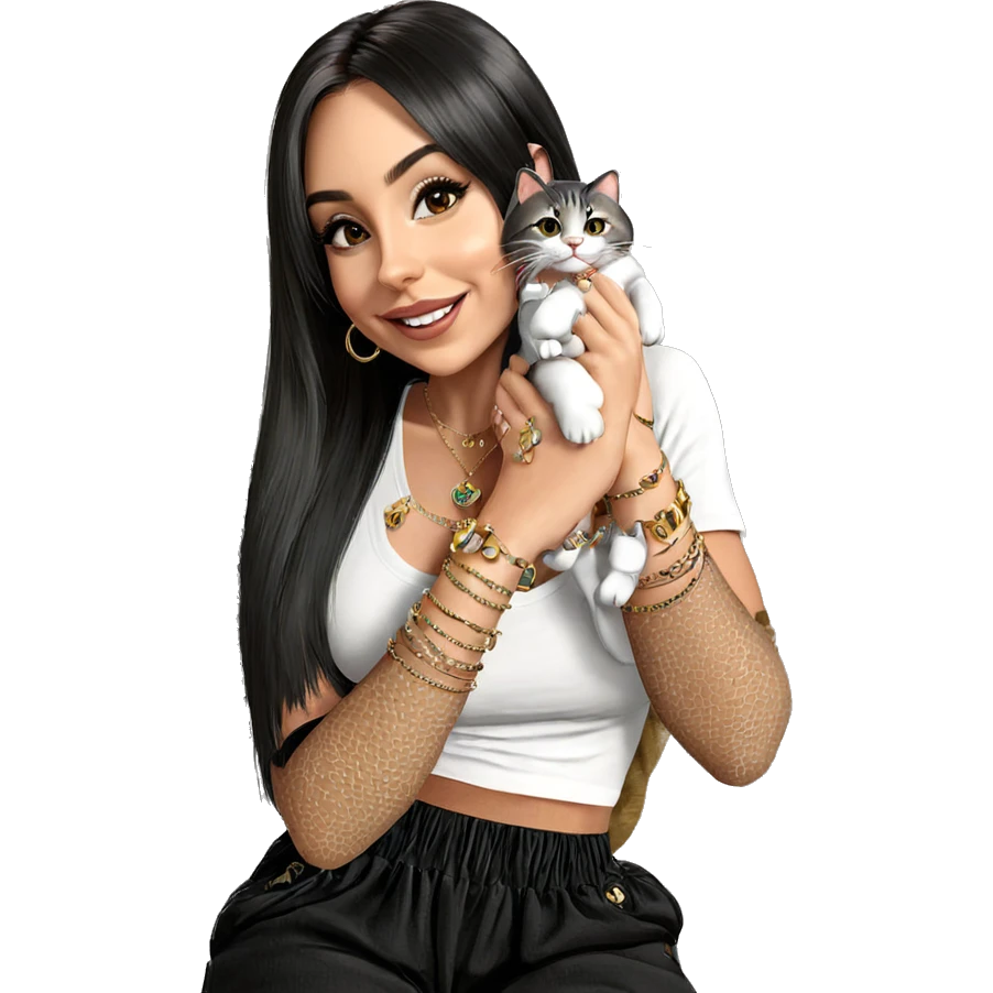 smiling girl with cat and jewelry emoji