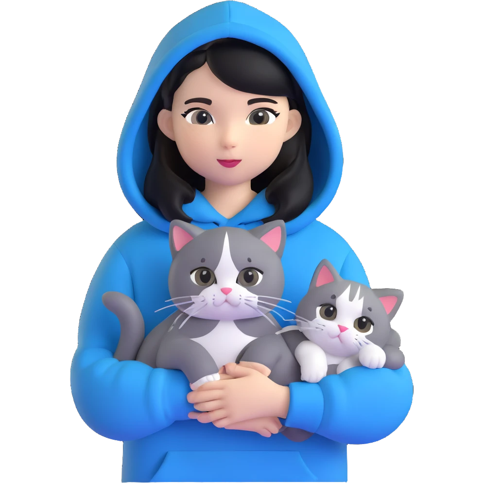 Girl with black hair wearing gray hoodie with a British shorthair blue and white cat and a long-haired blue and white cat emoji