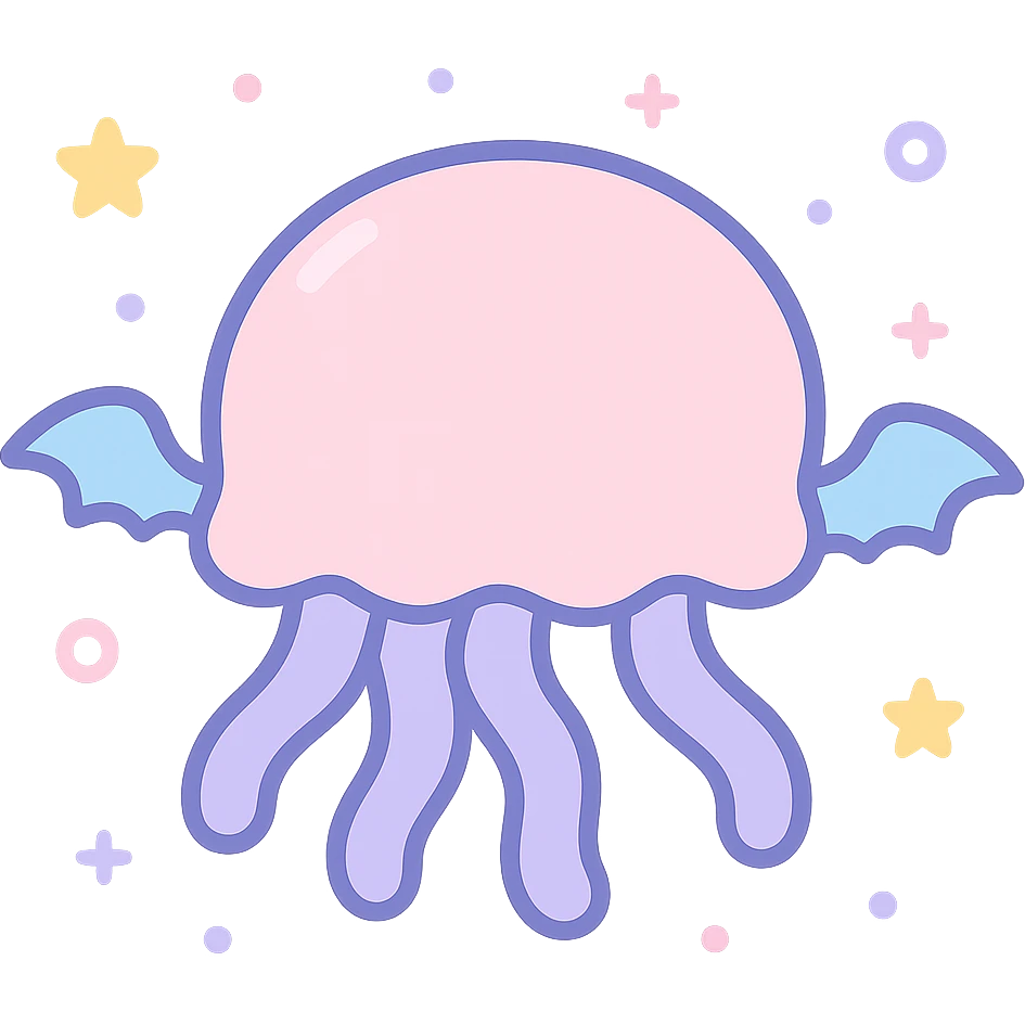 Remove background, keep kawaii style jellyfish with no face, pastel dreamy colors, mini bat wings, transparent background emoji