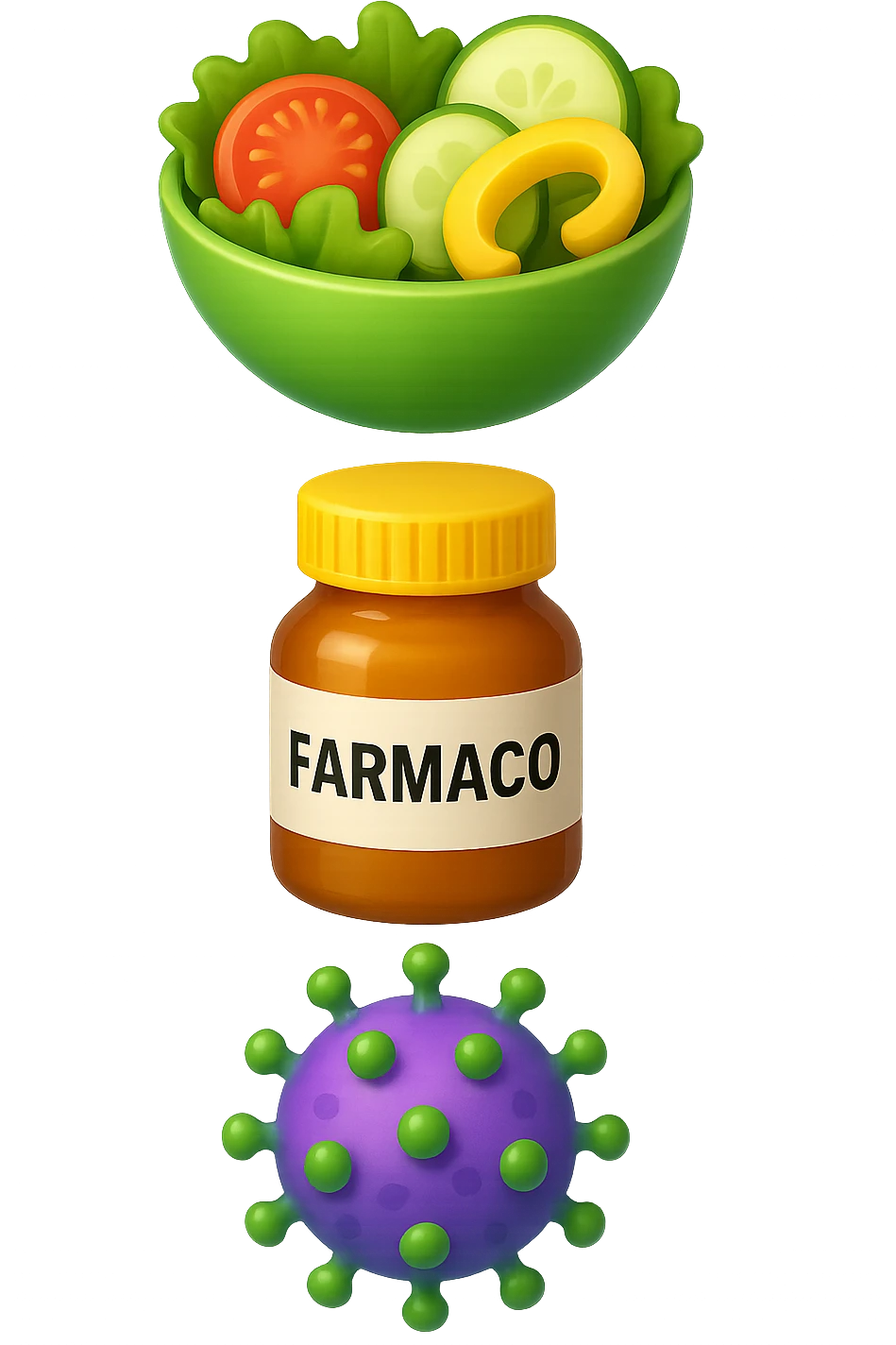 EMOJI STILE IPHONE DI una bowl di insalata, una boccetta di farmaco con la scritta "FARMACO" SULLA BOCCETTA E UN VIRUS, FLUTTUANO IN ARIA UNO SOPRA L'ALTRO, IPERREALISTICO 4K emoji
