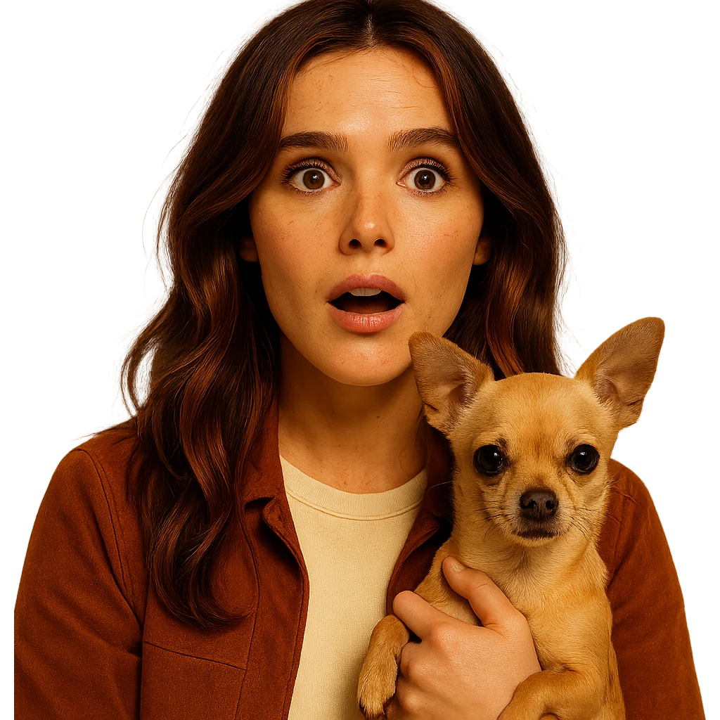 Portrait centered for Instagram profile picture, inspired by facial features visible in the reference images of Zoe Deutch, with tanned skin and subtle freckles. Wearing a shirt in color #FFF8CA and a rust-colored jacket. Brown mid-length hair with auburn highlights. Expression is surprised and amazed. Holding an expressive and cute beige-brown chihuahua. Style inspired by a Netflix series, intimate and expressive atmosphere inspired by Tenerife. Transparent background. emoji