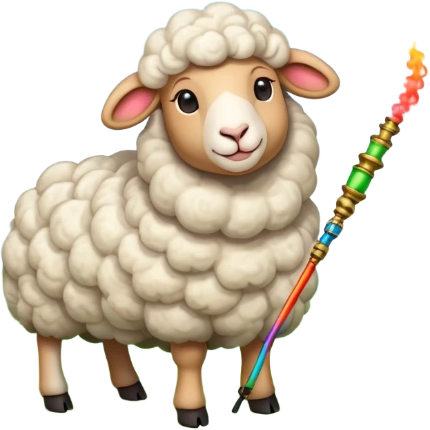 A fluffy sheep with a serene expression, grazing on a lush green meadow, holding a colorful hookah with smoke swirling around, under a bright sunny sky with a few fluffy clouds. emoji