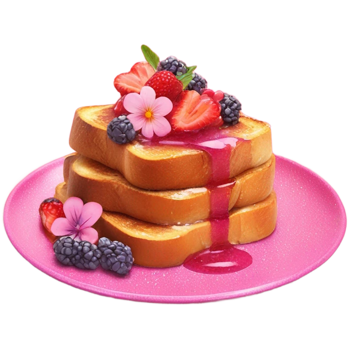 French Toast with pink syrup garnished with flowers and fruit on a pink glitter plate emoji