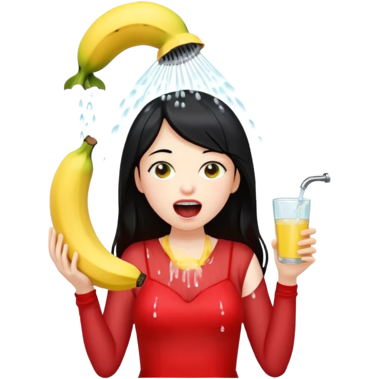 a girl with black hair and red dress with opened mouth drinking pale yellow water coming out from a shower looking like a banana above her head emoji