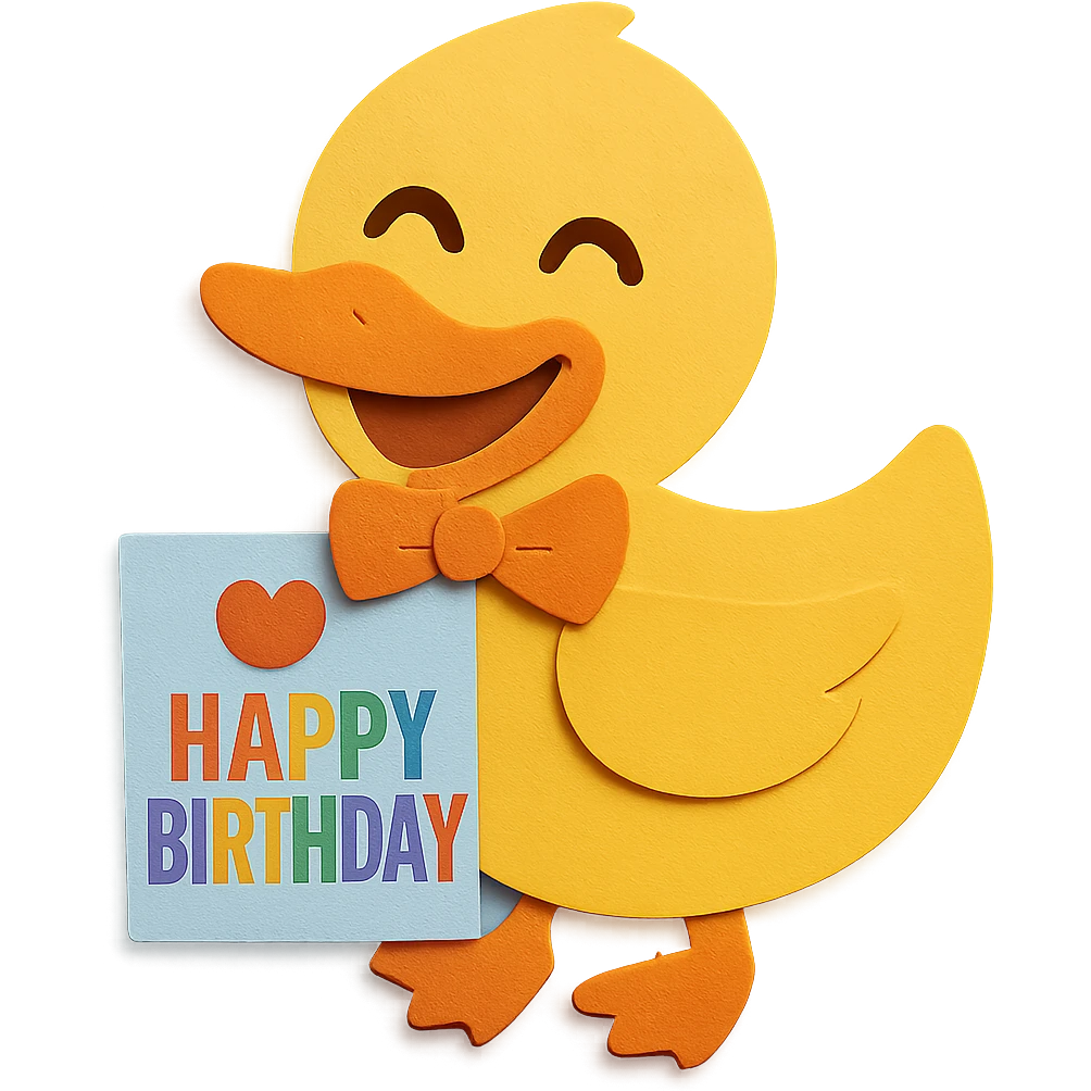 Change the duck to have a laughing face and update the 'Happy Birthday' wording on the card to rainbow colors. Keep all other design elements unchanged emoji