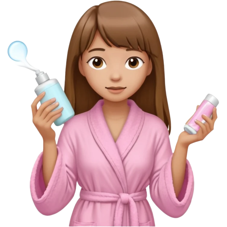 a girl with light skin and medium brown long hair with bangs who is applying lotion to her body show her whole body in a light pink bathrobe  emoji