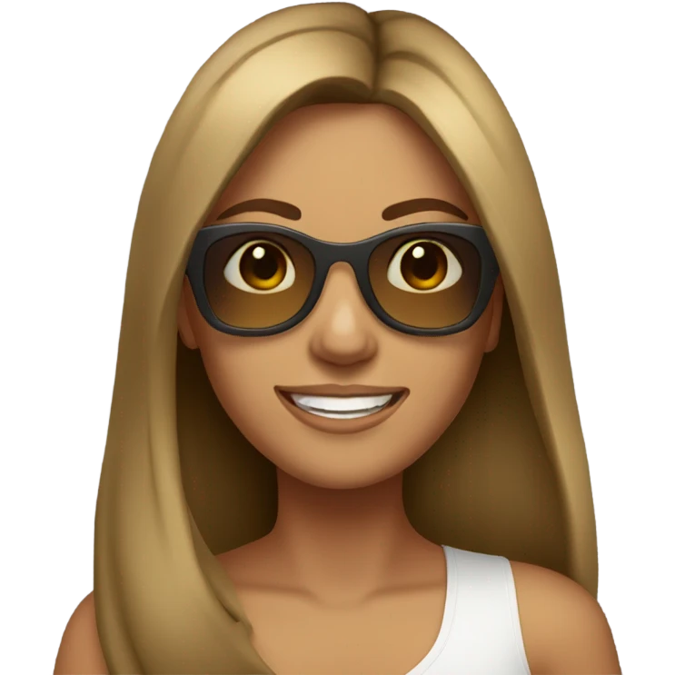 Woman with brunette long hair tan skin sunglasses and smiling emoji