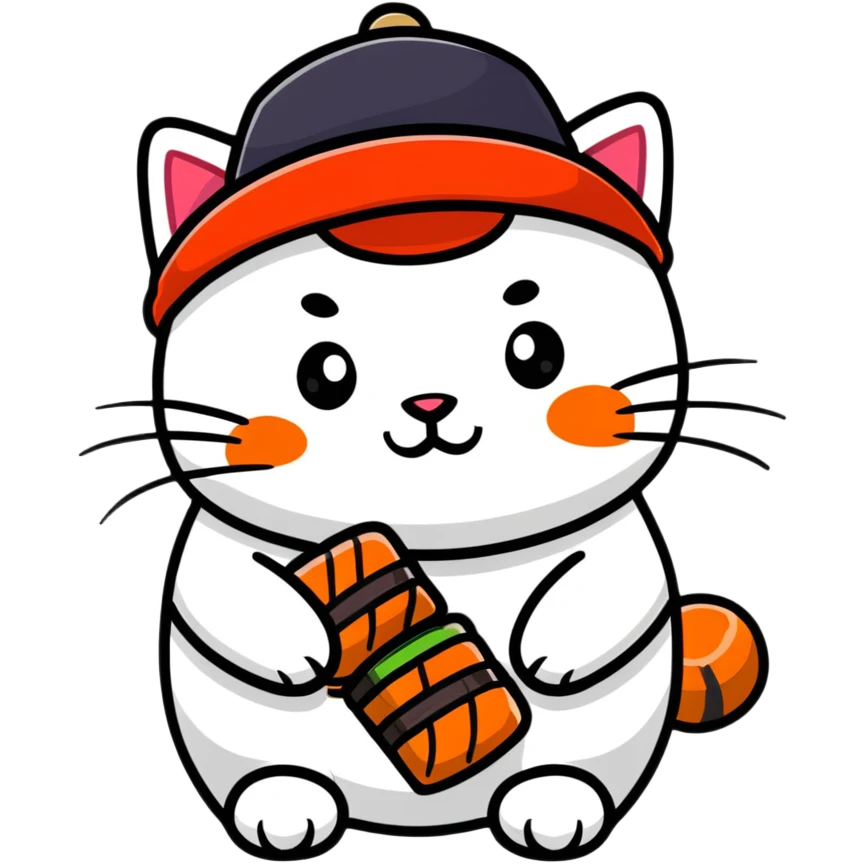 cat wearing a hat made out of sushi emoji
