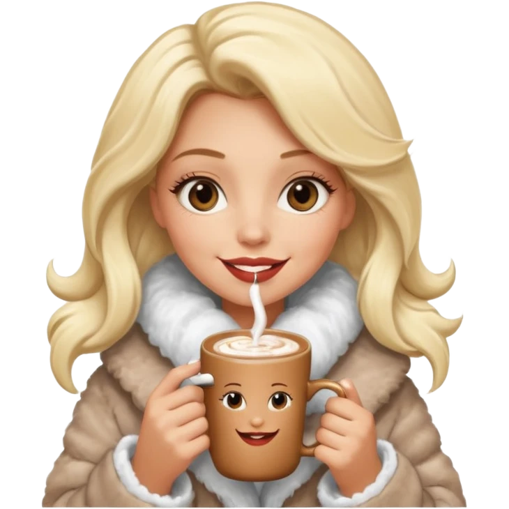 Tanned Girl with lashes , blonde hair, in an extremely big fluffy oversized coat and hold hot chocolate drink and half moon eyes , big lip emoji