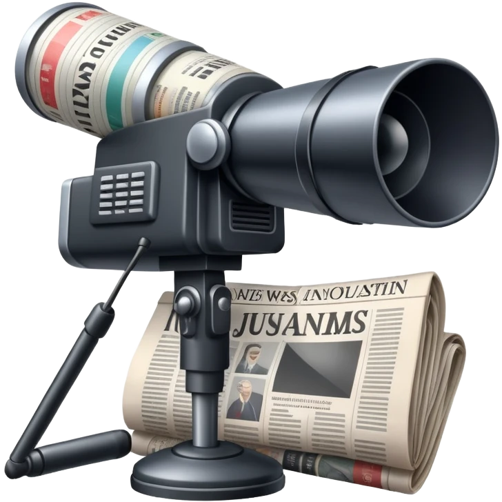 An icon featuring a microphone, a newspaper, a professional camera, representing journalism and mass media. The design includes headlines and imagery, symbolizing the spread of news and information. Transparent background highlights the power of communication and media. emoji
