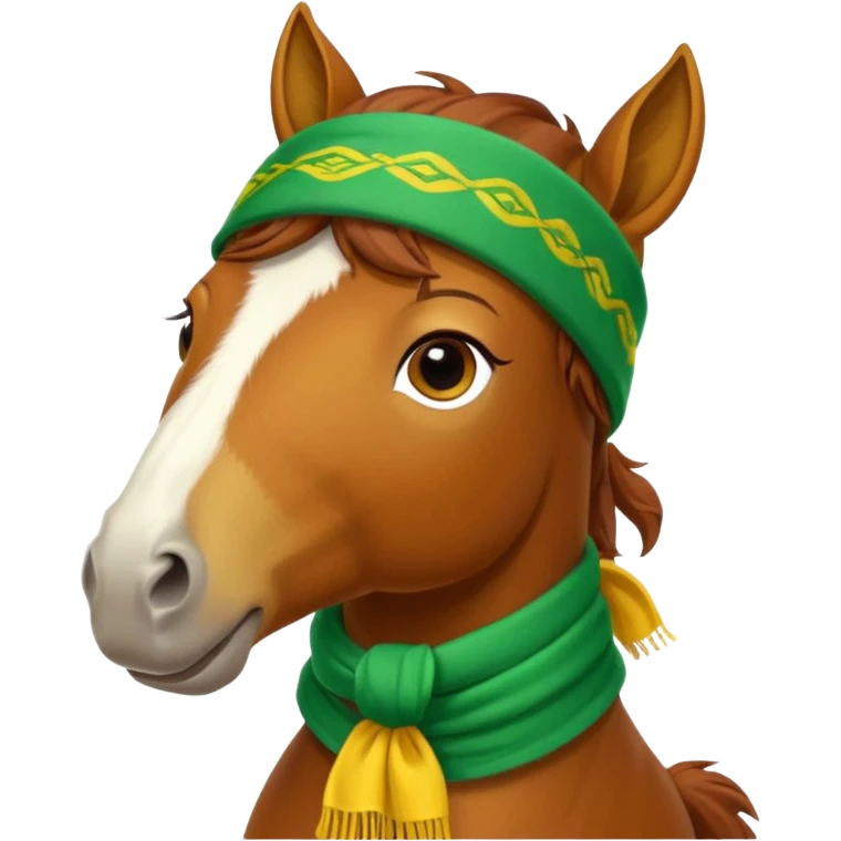 a fabulous funny winter horse in a green bandana hat with a yellow scarf emoji