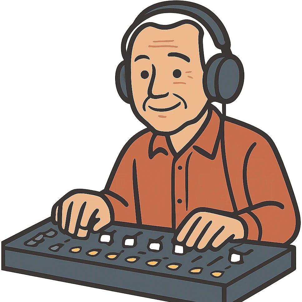 flat toon style senior Caucasian man with headphones, working at a soundboard emoji