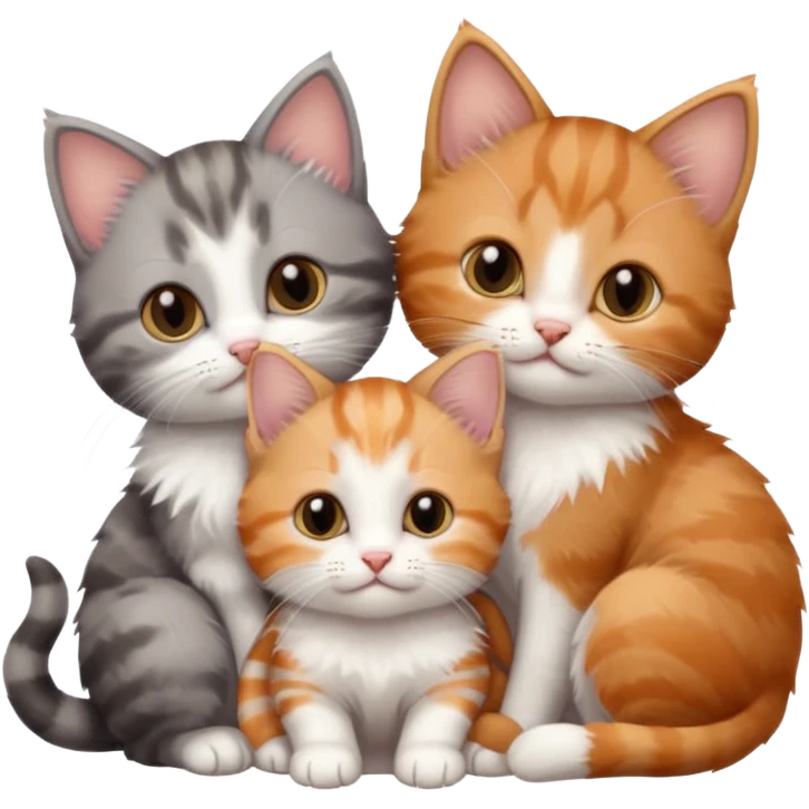 3 very small kittens cuddling together all different colours, the first one is grey and white, the second is ginger and white and the third is brown tabby and white emoji