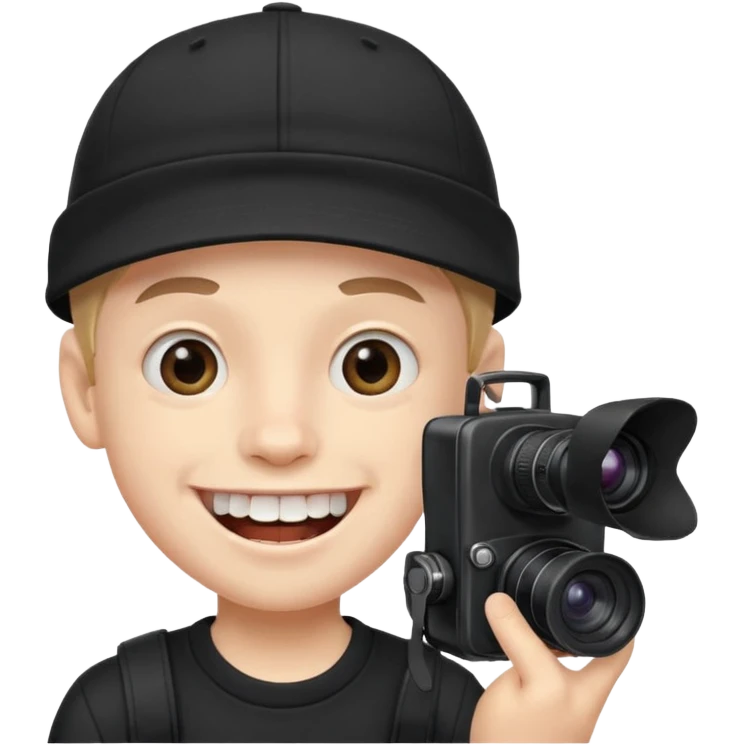 cheerful boy in black cap showing big front teeth holding a camera emoji