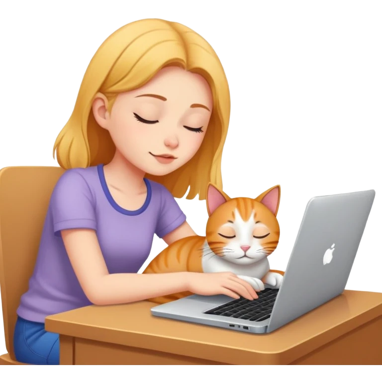 A girl works on a laptop with a cat sleeping next to it emoji