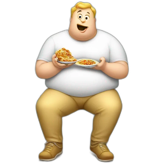 a fat white dude sitting on a couch gobbling down 3 tins of lasagna emoji