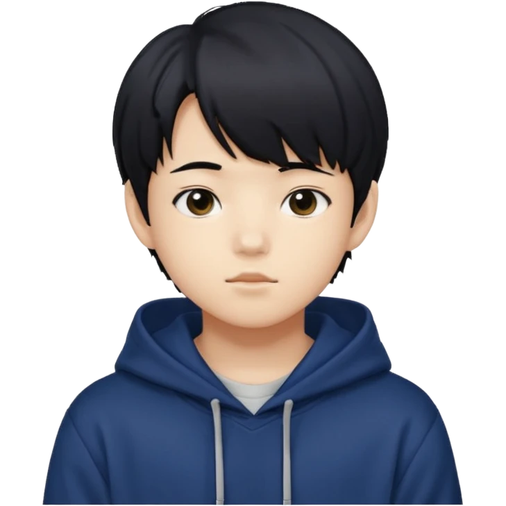 스트레이키즈 필릭스를 닮은 흑발에 앞머리를 덮은 엄청 잘생긴 14세 한국소년/ 옷 색깔은 남색 후드티 emoji