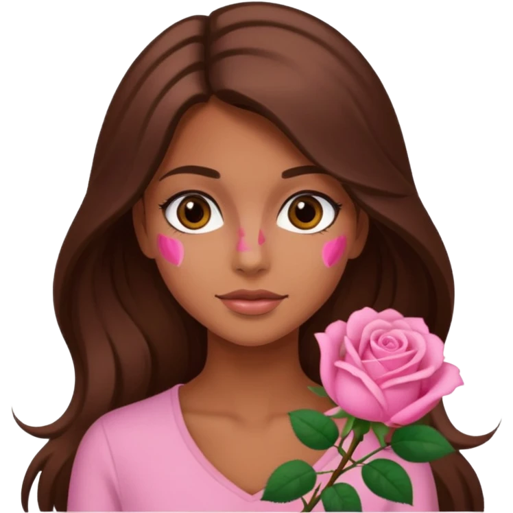 A tanned girl's face waved long brown hair with pink rose emoji