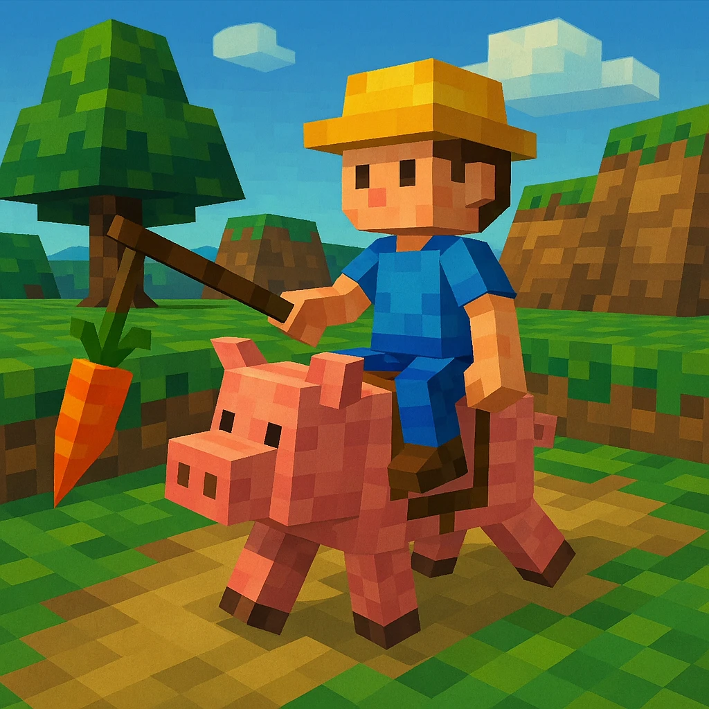 Child riding a pig with a carrot on a stick.
 emoji