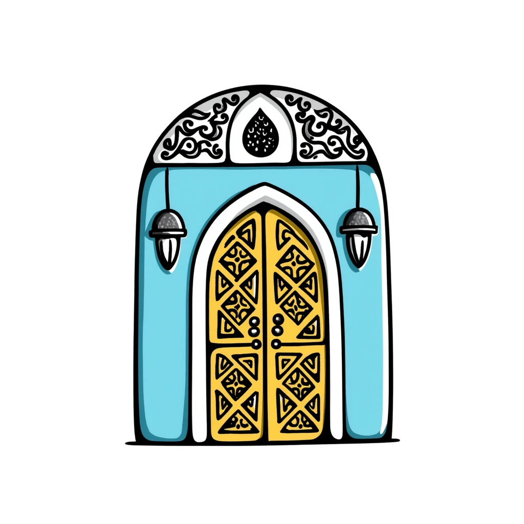 doodle of a Tunisian door with ornate patterns, blue and yellow, hand-drawn style emoji